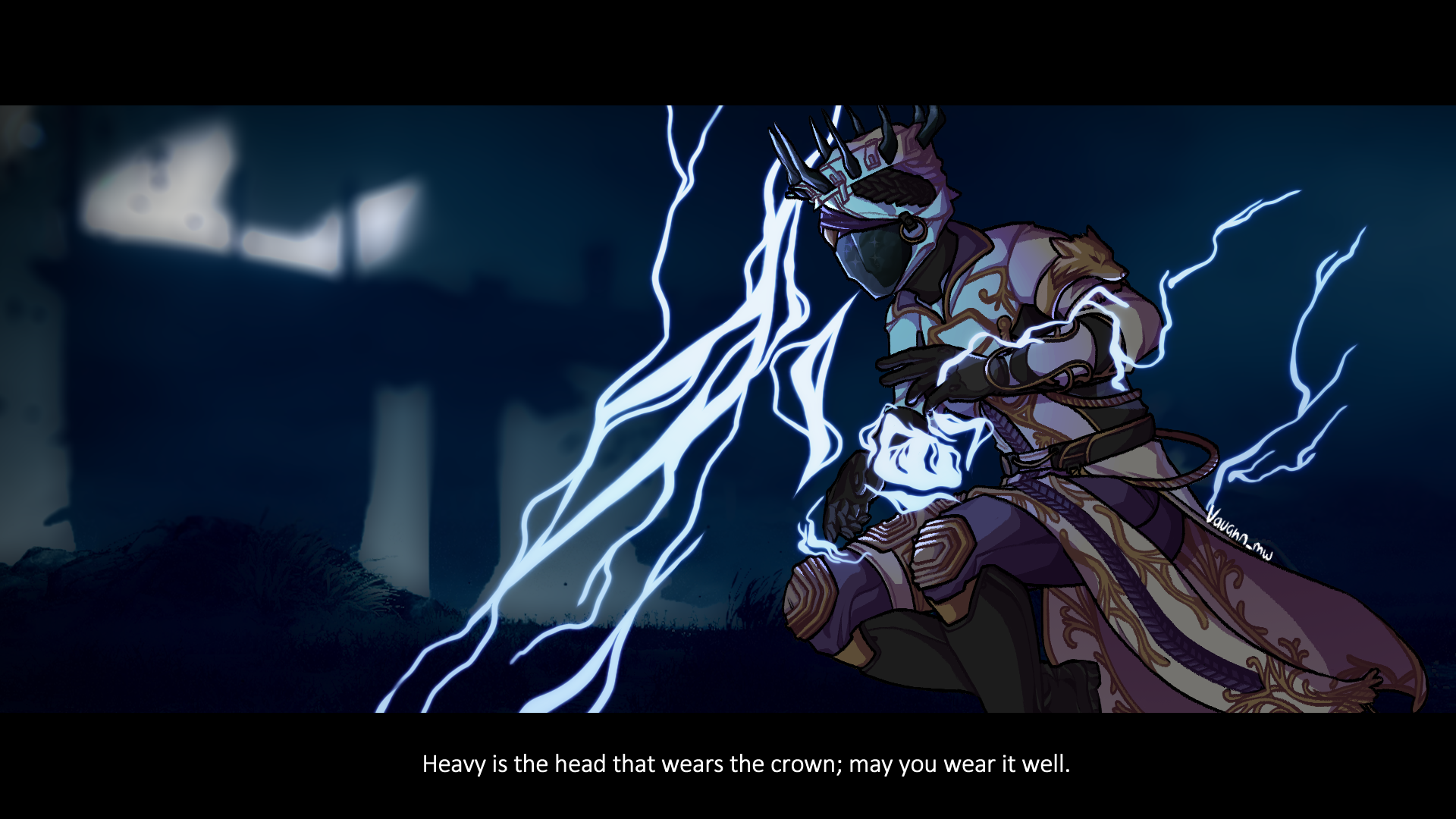 A digital illustration in fake screenshot style of an helmeted Warlock from Destiny 2 (Miranda). She is floating in the air, with hands grasping a ball of lightning in front of her. Sparks of lightning also arc in front of her and across her arms. The caption reads 'Heavy is the head that wears the crown; may you wear it well.' The background is a scene from the ascendant plane.