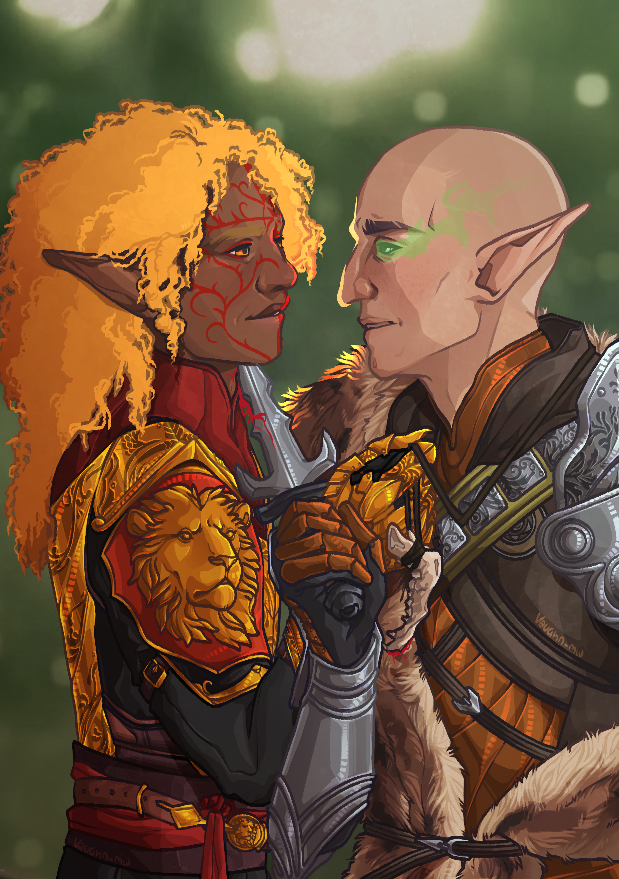 An illustration of Aenriel Lavellan and Solas from Dragon Age Inquisition. Aenriel is a black elf with golden eyes and hair and red vallaslin. He is dressed in red and gold ceremonial armour, with a lion's head pauldron. Solas is a white elf, bald but with dark eyebrows. He is dressed in his Trespasser DLC armour, with a fur mantle. His eyes are glowing green and he has a dagger pressed against Aenriel's neck drawing blood. Aenriel is holding onto the leather cord holding the wolf jaw bone around Solas' neck, which is dripping blood.