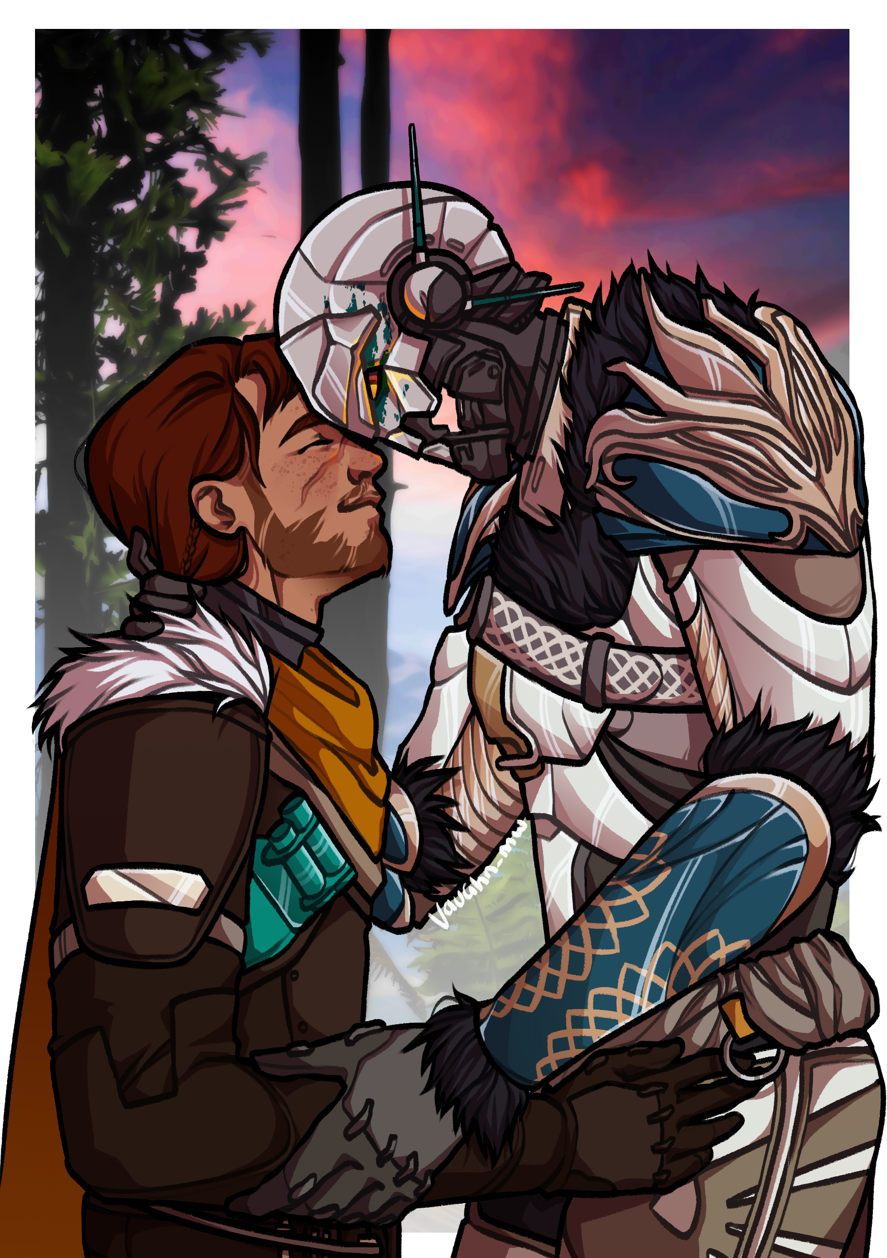 Digital illustration of a human and Exo from Destiny 2. Madrid, human, is on the left - a hunter with a scar over his nose. August, an Exo Titan, is on the right. She has her hand at the back of his neck, pressing their foreheads together.